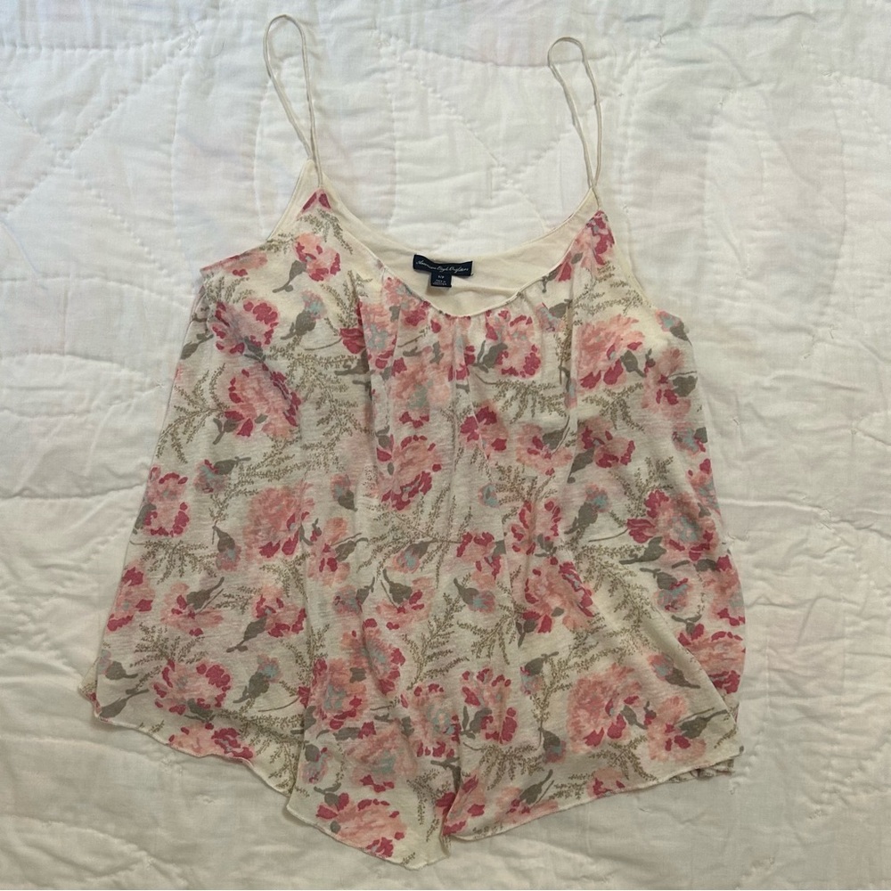 American Eagle Cami Women’s S Spaghetti Strap Cream Pink Floral Built In Bra